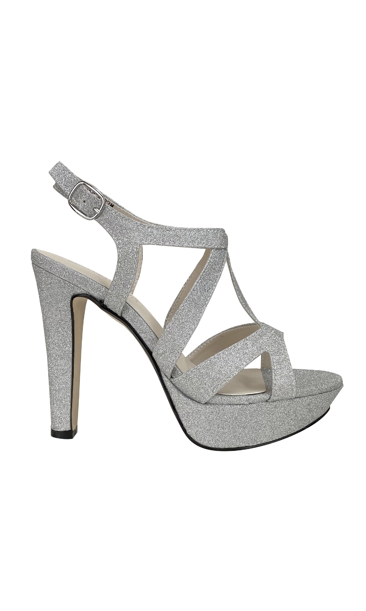 The Queenie Silver Glitter Prom Shoes by Touch Ups (4222) feature an open toe, high heel, platform sole, slingback strap, and secure buckle closure.